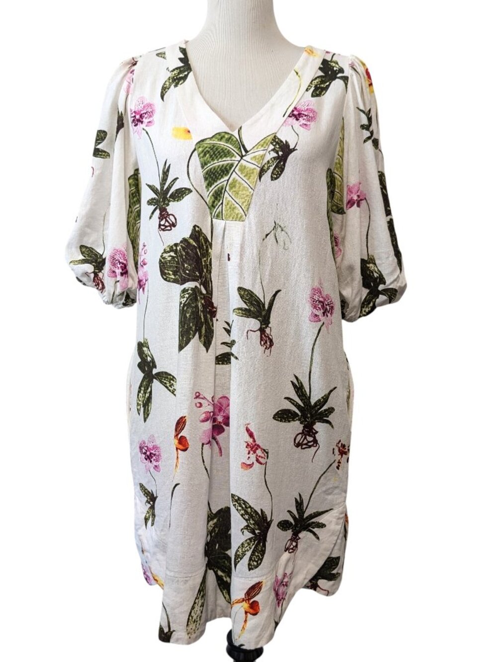 Joie Womens Sz S White Botanical Print Linen Blend Puff Sleeve Tunic Mini Dress